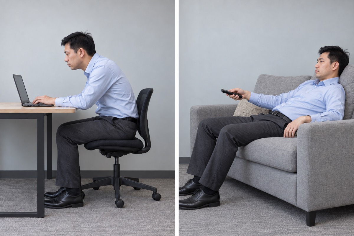 Posture at a desk showing rounded shoulders and forward head