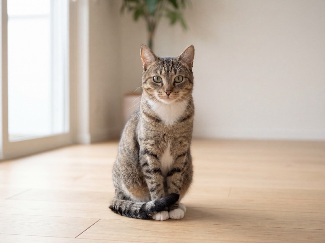 A tabby cat sitting upright and composed on a wooden floor in a bright room
