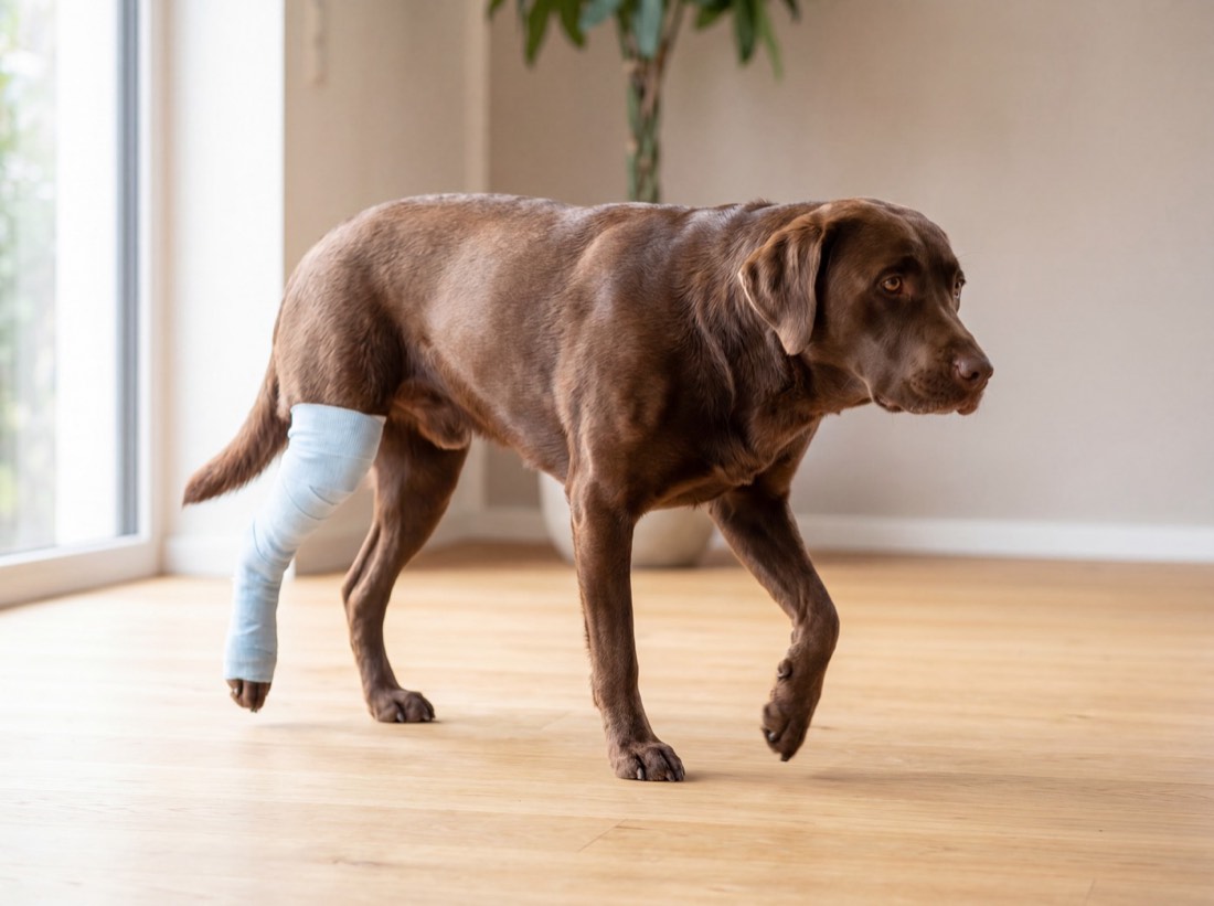 A chocolate labrador walking carefully across a wooden floor, a light veterinary wrap on one hind leg
